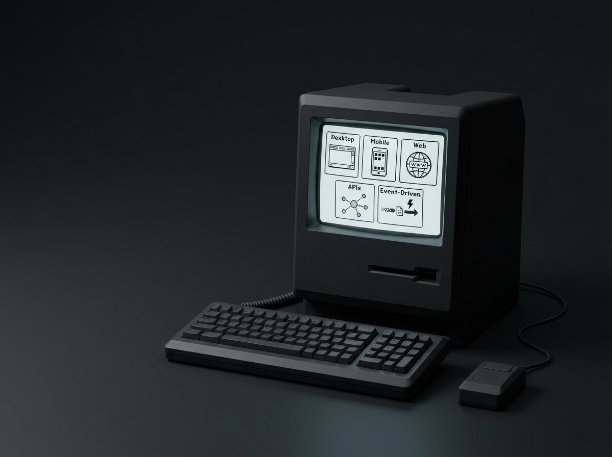 Illustration of the delivery stack behind desktop, mobile, web, API, and event-driven products