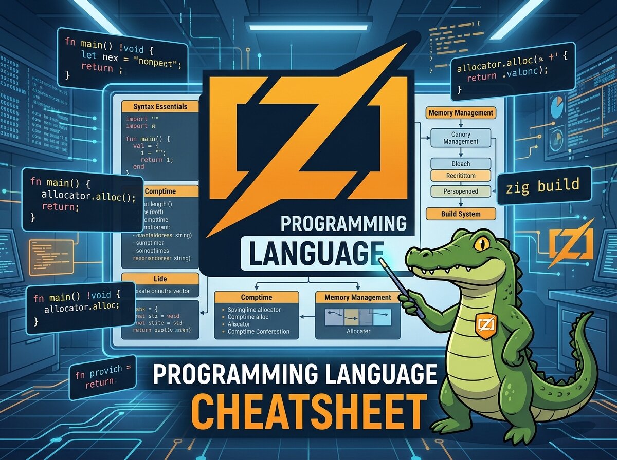 Preview of the Zig Cheatsheet, a dense single-page Zig reference